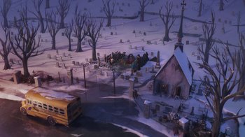 Movie still from “Wendell & Wild” (2022), directed by Henry Selick – Extreme Wide shot, High angle