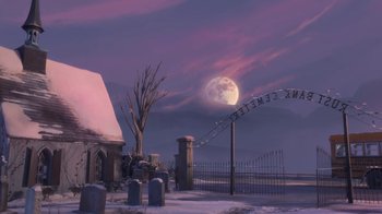 Movie still from “Wendell & Wild” (2022), directed by Henry Selick – Extreme Wide shot, Low angle