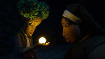 Movie still from “Wendell & Wild” (2022), directed by Henry Selick – Medium shot, Low angle