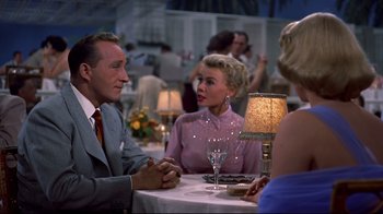 Movie still from “White Christmas” (1954), directed by Michael Curtiz – A group of people sitting around a table; Medium shot, Over the shoulder angle