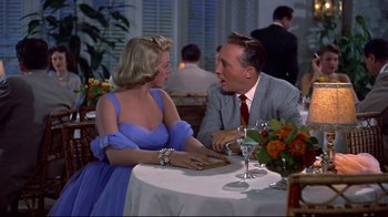 Movie still from “White Christmas” (1954), directed by Michael Curtiz – A man and a woman sitting at a dinner table; Medium shot, Over the shoulder angle