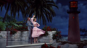 Movie still from “White Christmas” (1954), directed by Michael Curtiz – A man and a woman dancing on a stage; Wide shot, Low angle