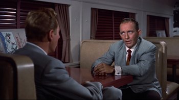 Movie still from “White Christmas” (1954), directed by Michael Curtiz – Two men sitting at a table talking to each other; Medium shot, Over the shoulder angle