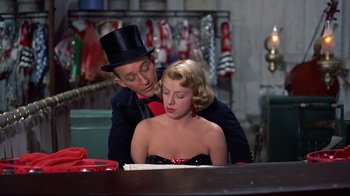 Movie still from “White Christmas” (1954), directed by Michael Curtiz – A man and a woman sitting at a table; Medium shot, Over the shoulder angle