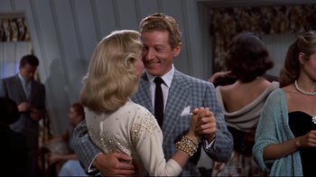 Movie still from “White Christmas” (1954), directed by Michael Curtiz – A man and a woman are dancing in a room; Medium shot, Over the shoulder angle