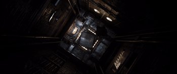 Movie still from “White House Down” (2013), directed by Roland Emmerich – Looking up at the ceiling of an industrial building; Extreme Wide shot, Overhead angle