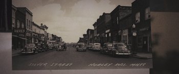 Movie still from “Wormwood” (2017), directed by Errol Morris – A black and white photo of a street with cars parked on the side of the road; Extreme Wide shot, High angle