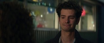 Movie still from “tick, tick... BOOM!” (2021), directed by Lin-Manuel Miranda – A person wearing a jacket; Close Up shot, Over the shoulder angle