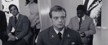 Movie still from “Solaris” (1972), directed by Andrei Tarkovsky – Black and white photograph of a man in a military uniform; Close Up shot, Low angle