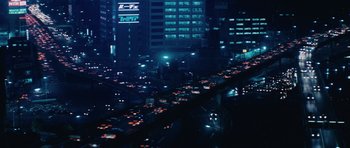 Movie still from “Solaris” (1972), directed by Andrei Tarkovsky – A city street filled with lots of traffic at night; Extreme Wide shot, High angle