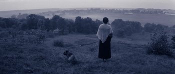 Movie still from “Solaris” (1972), directed by Andrei Tarkovsky – A woman and a dog in a field at night; Wide shot, High angle
