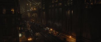Movie still from “The Batman” (2022), directed by Matt Reeves – A train station at night with lights on the ceiling; Extreme Wide shot, High angle