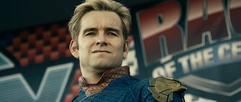 Movie still from “The Boys” (2019), created by Eric Kripke – A person wearing a costume; Close Up shot, Over the shoulder angle