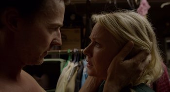 Movie still from “Birdman or (The Unexpected Virtue of Ignorance)” (2014), directed by Alejandro G. Iñárritu – A man and a woman face to face in a room; Close Up shot, Over the shoulder angle