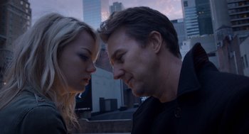 Movie still from “Birdman or (The Unexpected Virtue of Ignorance)” (2014), directed by Alejandro G. Iñárritu – A man and a woman looking at each other's face; Close Up shot, Over the shoulder angle
