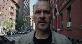Movie still from “Birdman or (The Unexpected Virtue of Ignorance)” (2014), directed by Alejandro G. Iñárritu – A person with a beard; Close Up shot, Low angle
