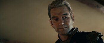 Movie still from “The Boys” (2019), created by Eric Kripke – A person wearing a jacket; Close Up shot, Over the shoulder angle