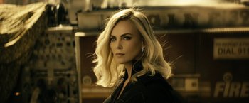 Movie still from “The Boys” (2019), created by Eric Kripke – Charlize theron in a scene from the movie atomic blonde; Close Up shot, Over the shoulder angle