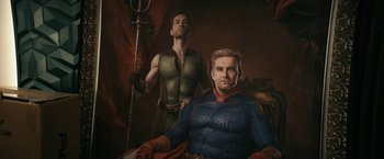 Movie still from “The Boys” (2019), created by Eric Kripke – A painting of a man and a man with a spear; Medium shot, High angle