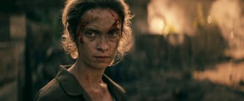 Movie still from “The Boys” (2019), created by Eric Kripke – A person with a face covered in blood; Close Up shot, Over the shoulder angle