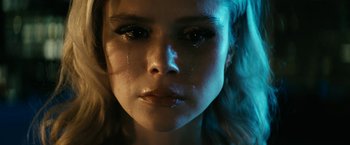 Movie still from “The Boys” (2019), created by Eric Kripke – A woman's face with tears coming out of her eyes; Extreme Close Up shot, Low angle