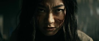 Movie still from “The Boys” (2019), created by Eric Kripke – A person with blood on their face; Extreme Close Up shot, Low angle