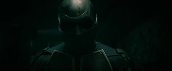 Movie still from “The Boys” (2019), created by Eric Kripke – A person wearing a helmet; Close Up shot, Low angle