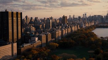 An aerial view of a city skyline with a park in the foreground