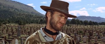 Movie still from “The Good, the Bad and the Ugly” (1966), directed by Sergio Leone – A person wearing a hat; Close Up shot, Low angle