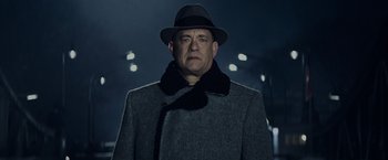Movie still from “Bridge of Spies” (2015), directed by Steven Spielberg – A man wearing a hat and a coat; Close Up shot, Low angle