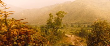 Movie still from “The Last King of Scotland” (2006), directed by Kevin Macdonald – A view of a valley with trees in the foreground; Extreme Wide shot, High angle