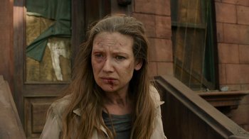 Movie still from “The Last of Us” (2023), created by Neil Druckmann – A person wearing a jacket; Close Up shot, Low angle