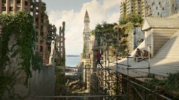 Movie still from “The Last of Us” (2023), created by Neil Druckmann – A man standing on top of a wooden platform; Extreme Wide shot, Low angle
