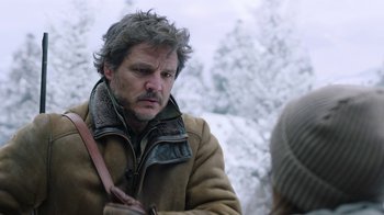 Movie still from “The Last of Us” (2023), created by Neil Druckmann – A person wearing a jacket; Close Up shot, Over the shoulder angle