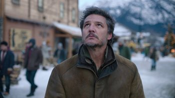 Movie still from “The Last of Us” (2023), created by Neil Druckmann – A person wearing a jacket; Close Up shot, Low angle