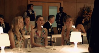Movie still from “The Lobster” (2015), directed by Yorgos Lanthimos – A group of people sitting at a table with wine glasses; Medium shot, Over the shoulder angle