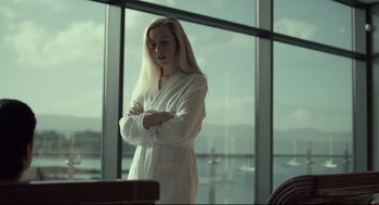 Movie still from “The Lobster” (2015), directed by Yorgos Lanthimos – A woman standing in front of a large window; Medium shot, Low angle