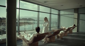 Movie still from “The Lobster” (2015), directed by Yorgos Lanthimos – Two people are relaxing in a room with a view; Wide shot, Low angle