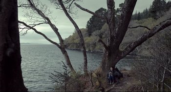 Movie still from “The Lobster” (2015), directed by Yorgos Lanthimos – A woman sitting on a rock next to a tree near a body of water; Extreme Wide shot, Low angle