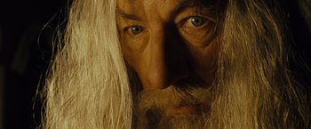Movie still from “The Lord of the Rings: The Fellowship of the Ring” (2001), directed by Peter Jackson – A man with long hair and a beard; Extreme Close Up shot, Low angle