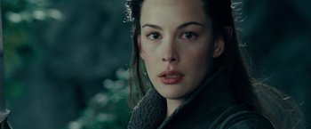 Movie still from “The Lord of the Rings: The Fellowship of the Ring” (2001), directed by Peter Jackson – A person wearing a black jacket; Close Up shot, Over the shoulder angle