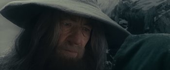 Movie still from “The Lord of the Rings: The Fellowship of the Ring” (2001), directed by Peter Jackson – An old man with long grey hair wearing a hat; Close Up shot, Over the shoulder angle