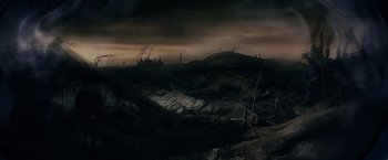 Movie still from “The Lord of the Rings: The Fellowship of the Ring” (2001), directed by Peter Jackson – A view of a dark landscape with a hill in the background; Extreme Wide shot, High angle