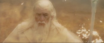 Movie still from “The Lord of the Rings: The Return of the King” (2003), directed by Peter Jackson – An old man with a long white beard; Close Up shot, High angle