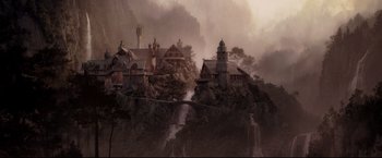 Movie still from “The Lord of the Rings: The Return of the King” (2003), directed by Peter Jackson – An artistic painting of a mountain village with a waterfall in the background; Extreme Wide shot, High angle