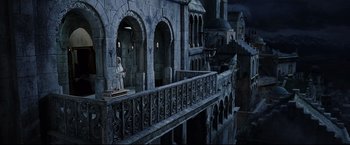 Movie still from “The Lord of the Rings: The Return of the King” (2003), directed by Peter Jackson – An image of an animated scene of a castle; Extreme Wide shot, High angle