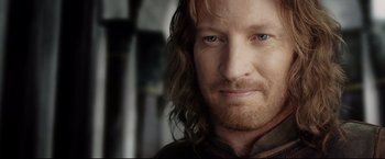Movie still from “The Lord of the Rings: The Return of the King” (2003), directed by Peter Jackson – A person with long hair; Close Up shot, Over the shoulder angle