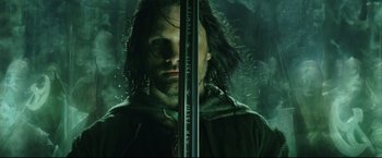 Movie still from “The Lord of the Rings: The Return of the King” (2003), directed by Peter Jackson – Aragorn from the lord of the rings; Medium shot, Low angle