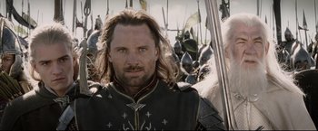 Movie still from “The Lord of the Rings: The Return of the King” (2003), directed by Peter Jackson – Aragorn in front of a bunch of soldiers; Close Up shot, Low angle