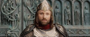Movie still from “The Lord of the Rings: The Return of the King” (2003), directed by Peter Jackson – A man wearing a crown and armor; Close Up shot, Low angle